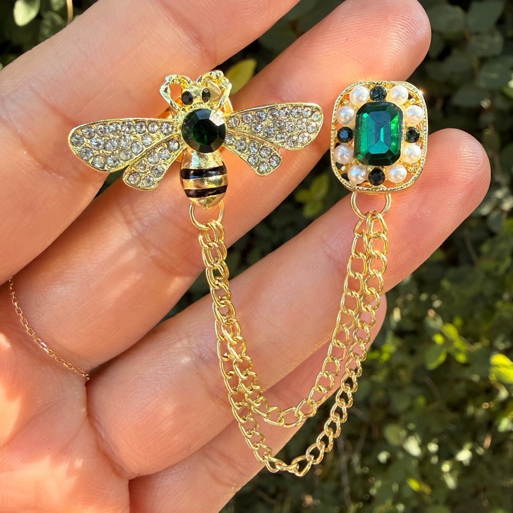 New! Gold and Green Bee Chain Brooch